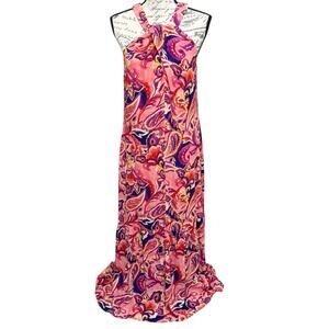 Soft Surroundings NALANI Gauze Maxi Dress Size S Pink Paisley Print Halter Neck